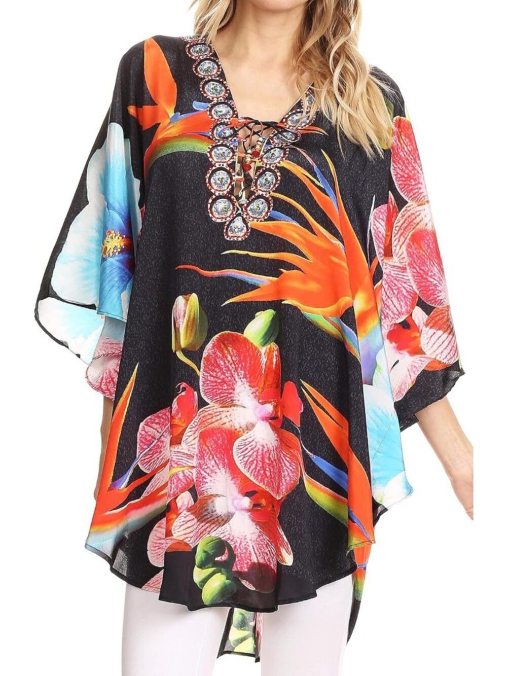 Boho Chic V-Neck Blouse with Tassel Ties & Rhinestones - Wide Circle Top